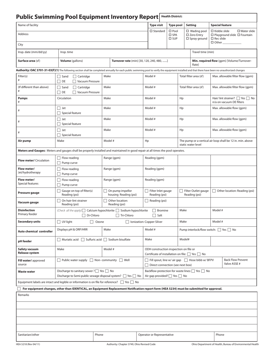 Form HEA5218 Public Swimming Pool Equipment Inventory Report - Ohio, Page 1
