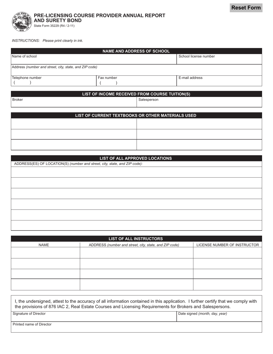 State Form 35229 Pre-licensing Course Provider Annual Report and Surety Bond - Indiana, Page 1