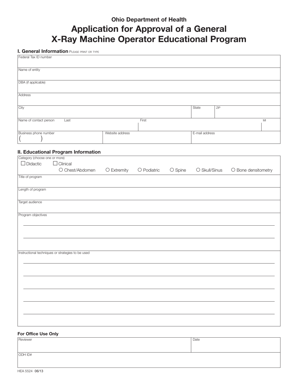 Form HEA5524 Application for Approval of a General X-Ray Machine Operator Educational Program - Ohio, Page 1