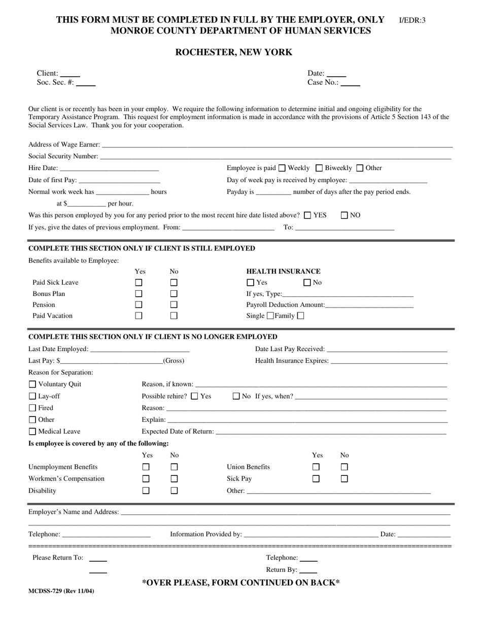 Form MCDSS-729 Employer Statement - Monroe County, New York, Page 1