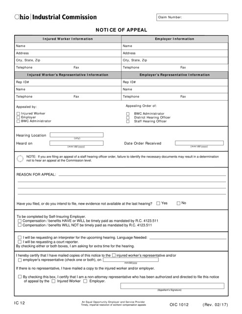 Form IC12 Notice of Appeal - Ohio
