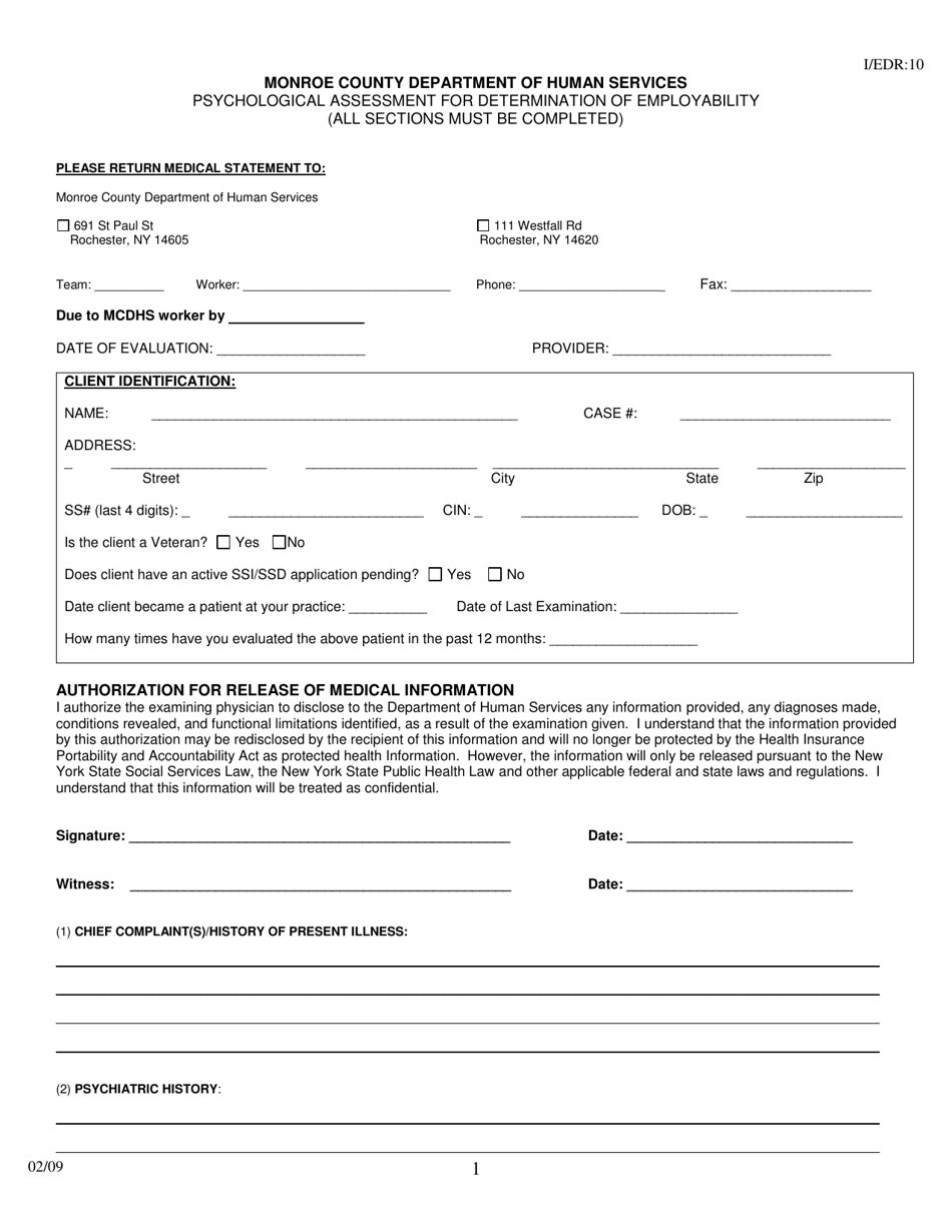 Monroe County, New York Psychological Assessment for Determination of