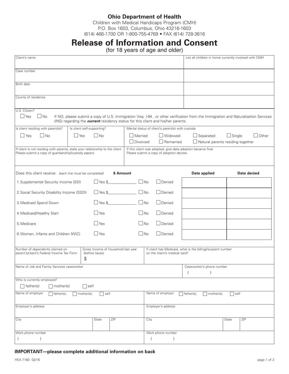 Form HEA7160 Release of Information and Consent (For 18 Years of Age and Older) - Ohio, Page 1