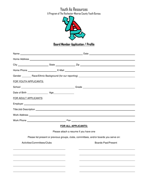 Board Member Application / Profile - Youth as Resources - Monroe County, New York Download Pdf