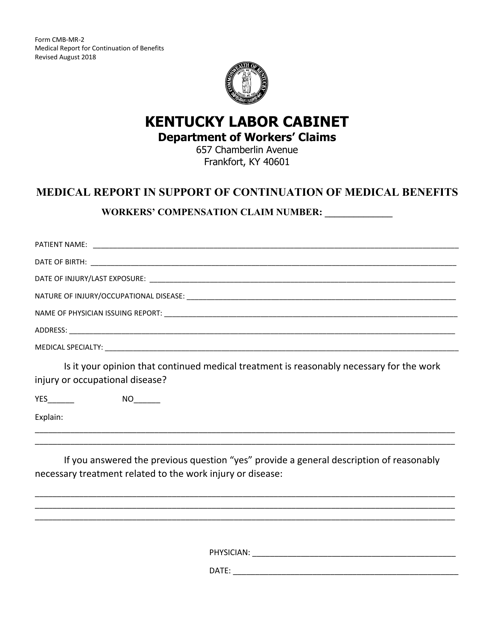 Form CMB-MR-2 Medical Report in Support of Continuation of Medical Benefits - Kentucky