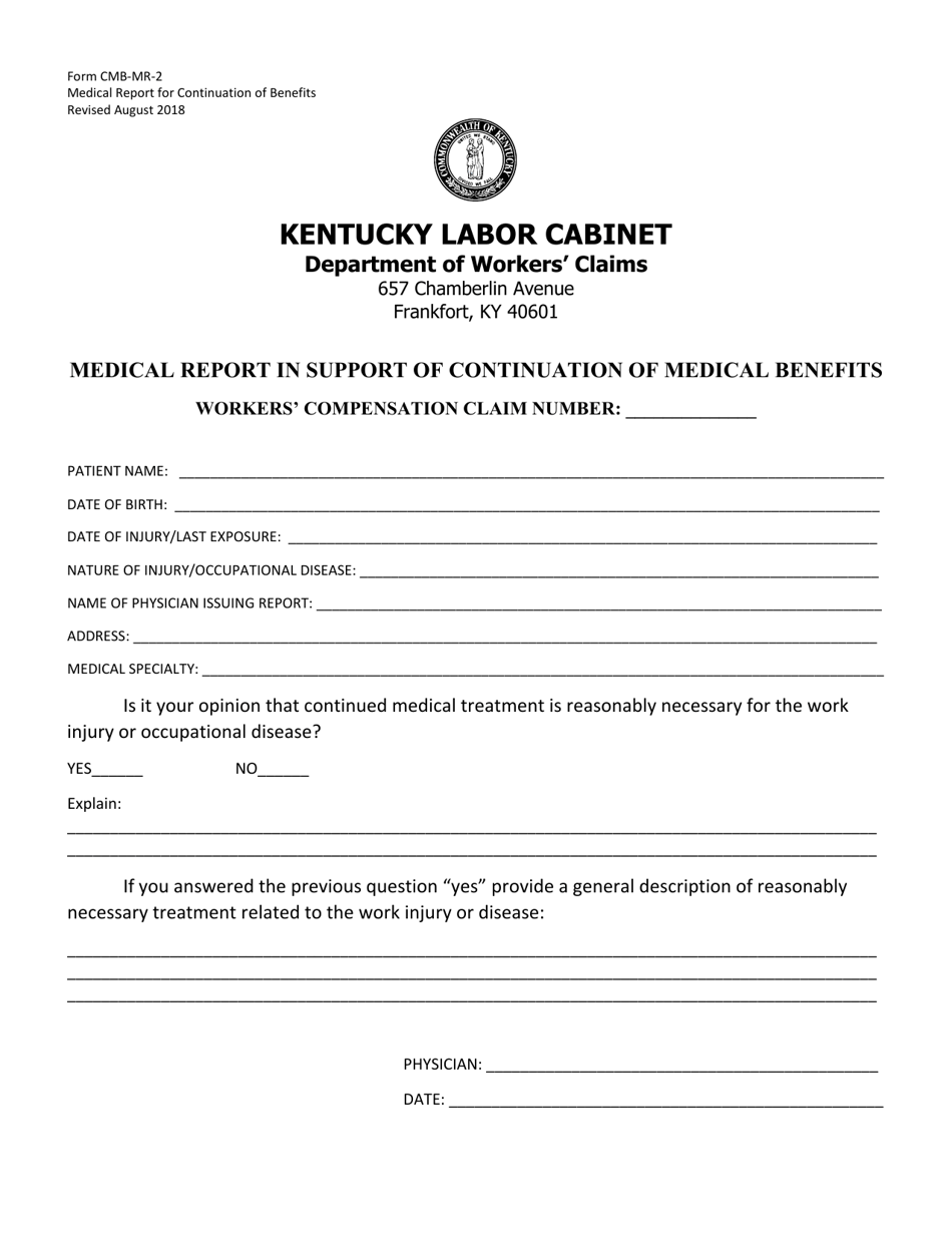 Form CMB-MR-2 Medical Report in Support of Continuation of Medical Benefits - Kentucky, Page 1