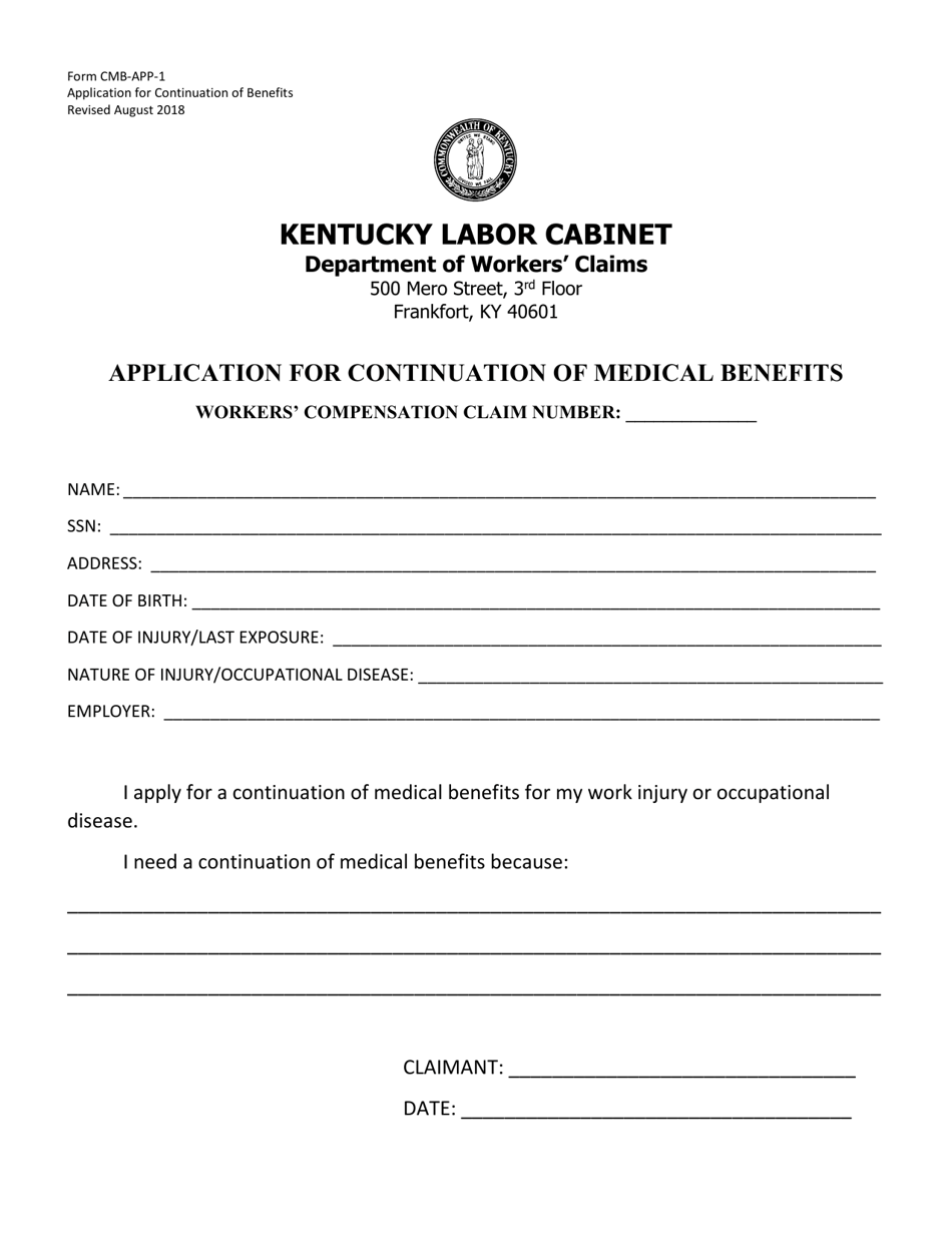 Form CMB-APP-1 Application for Continuation of Medical Benefits - Kentucky, Page 1