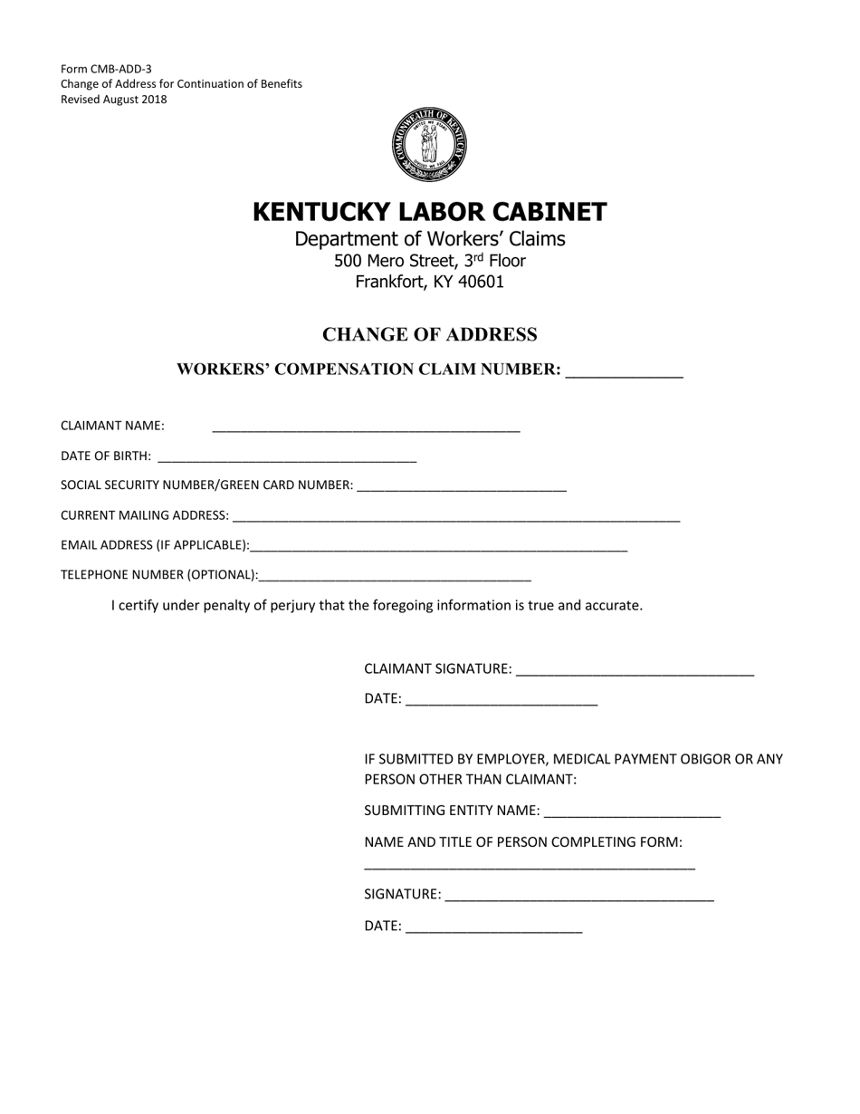 Form CMB-ADD-3 Change of Address for Continuation of Medical Benefits - Kentucky, Page 1