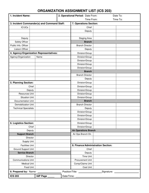 ICS Form 203 Organization Assignment List