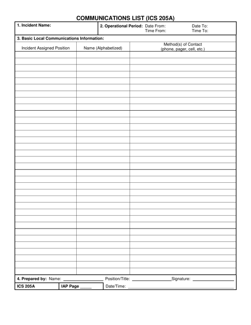 ICS Form 205A Communications List