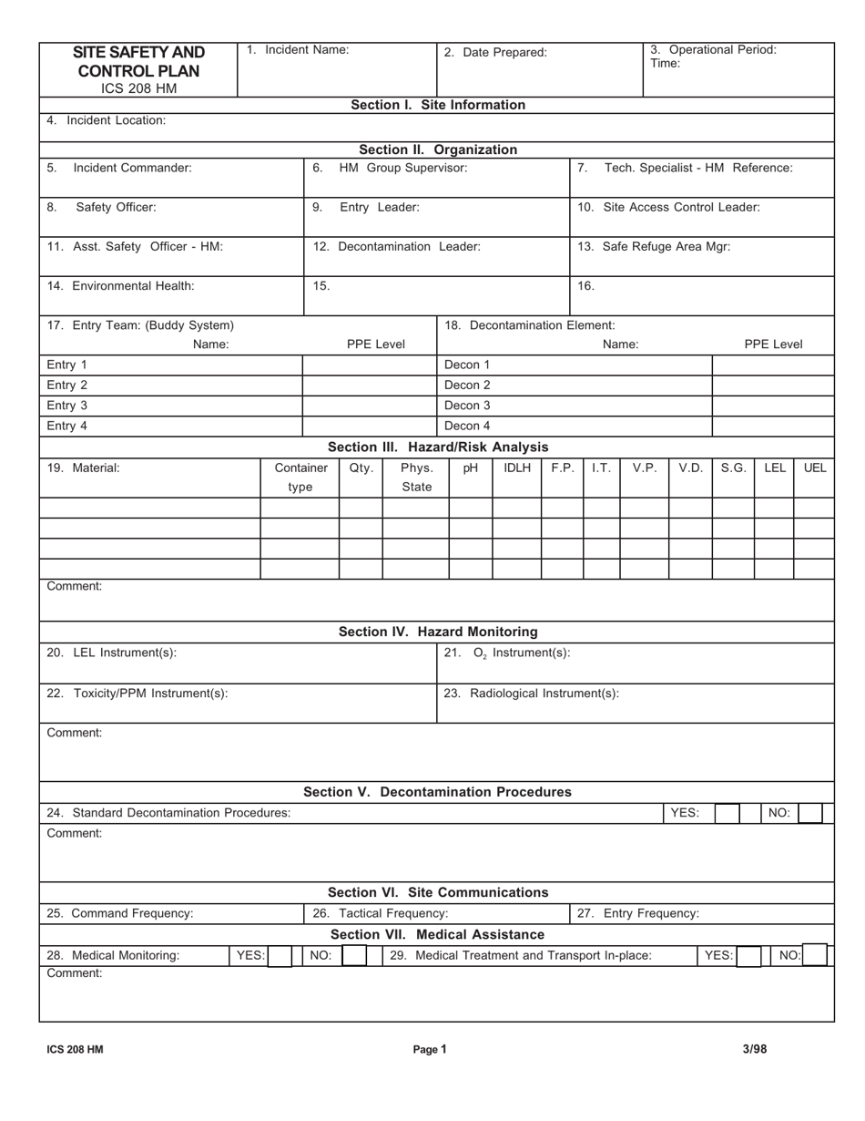 ICS Form 208 HM Site Safety and Control Plan, Page 1