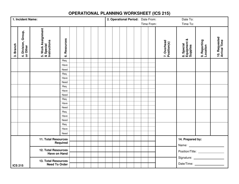 ICS Form 215 Operational Planning Worksheet, Page 1