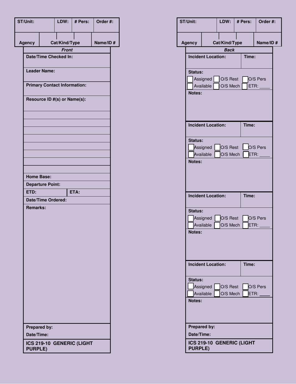 ICS Form 219-10 Generic Card (Light Purple), Page 1