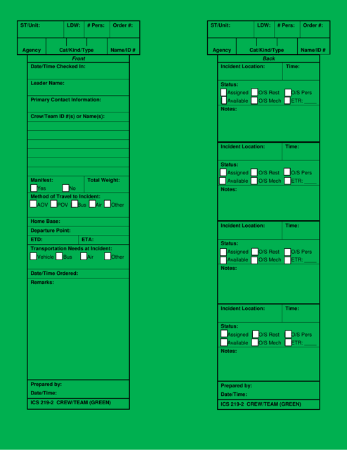 ICS Form 219-2 Crew/Team Card (Green)