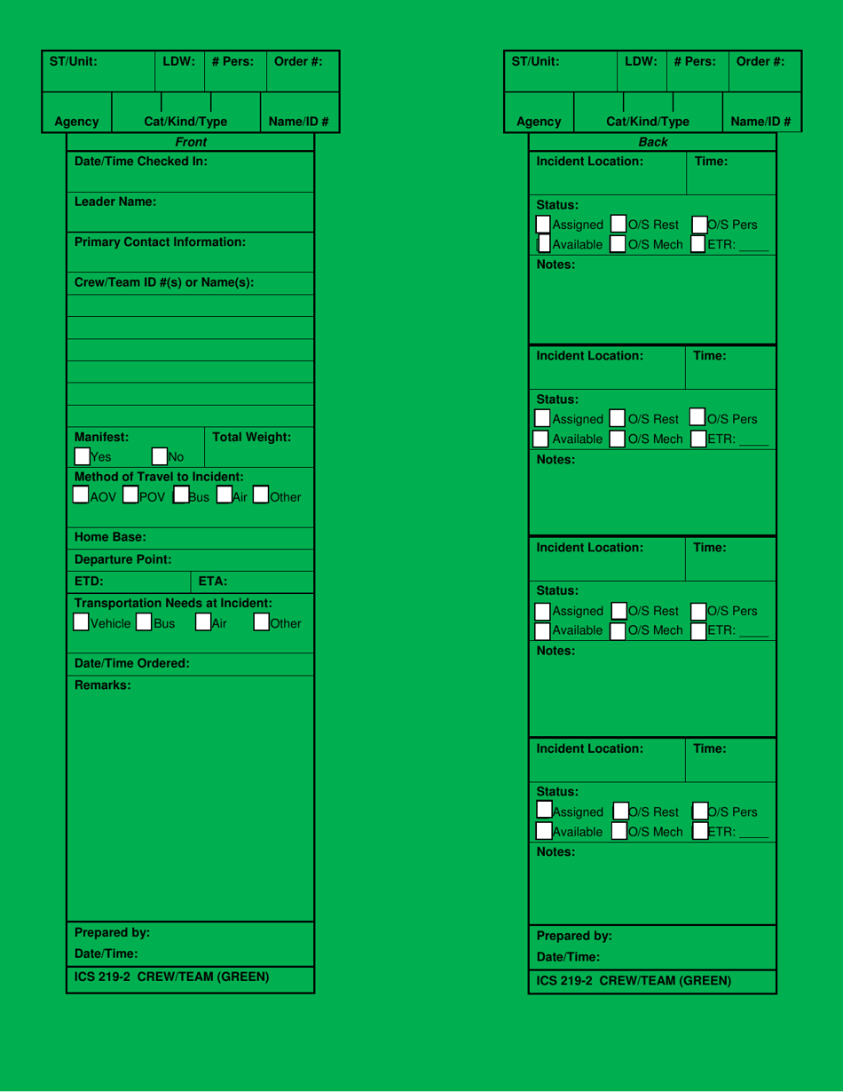 ICS Form 219-2 Crew / Team Card (Green), Page 1