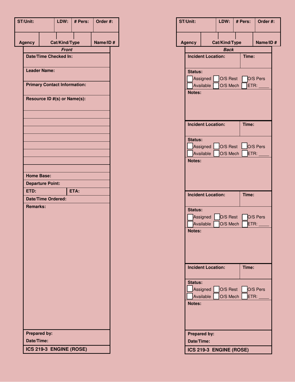 ICS Form 219-3 Engine Card (Rose), Page 1