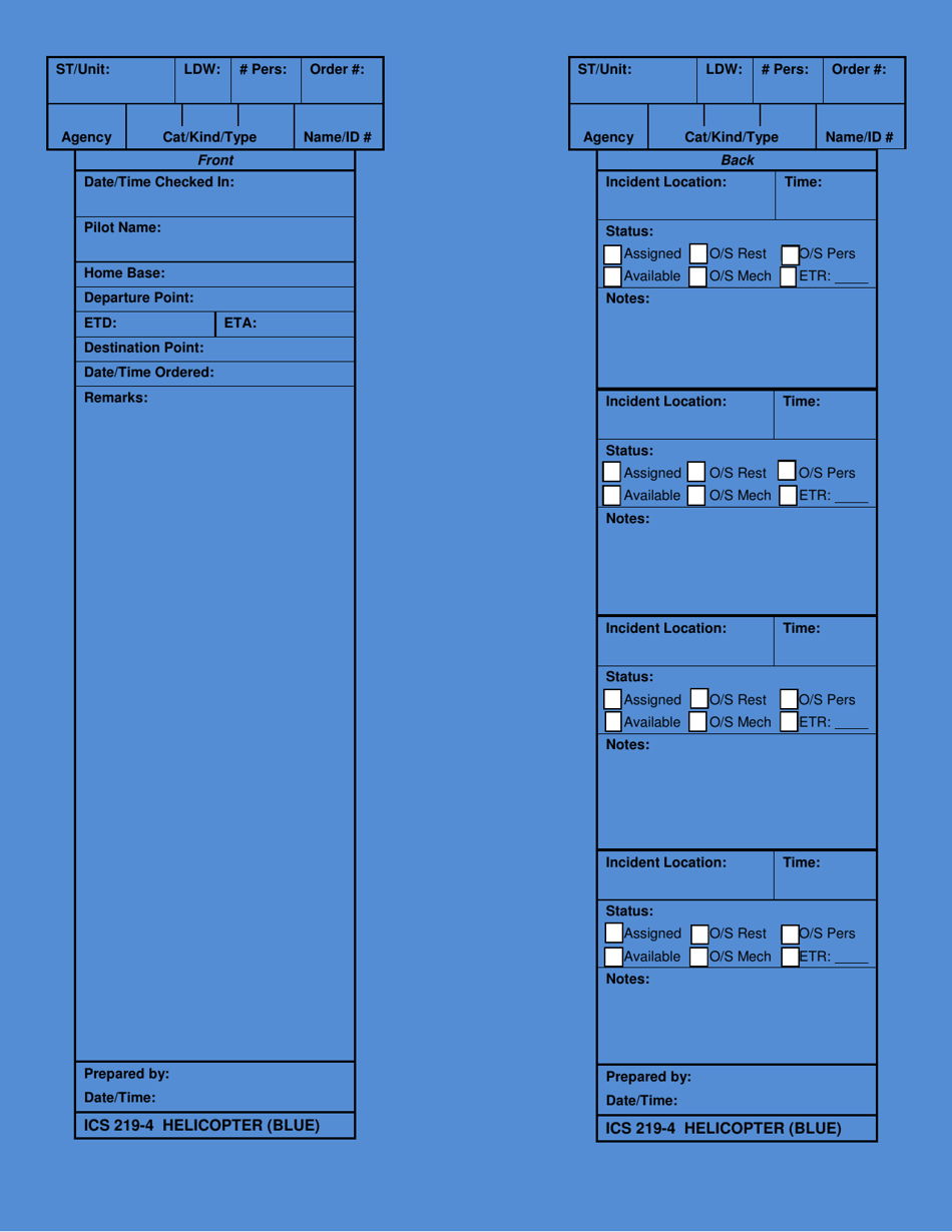 ICS Form 219-4 Helicopter Card (Blue), Page 1