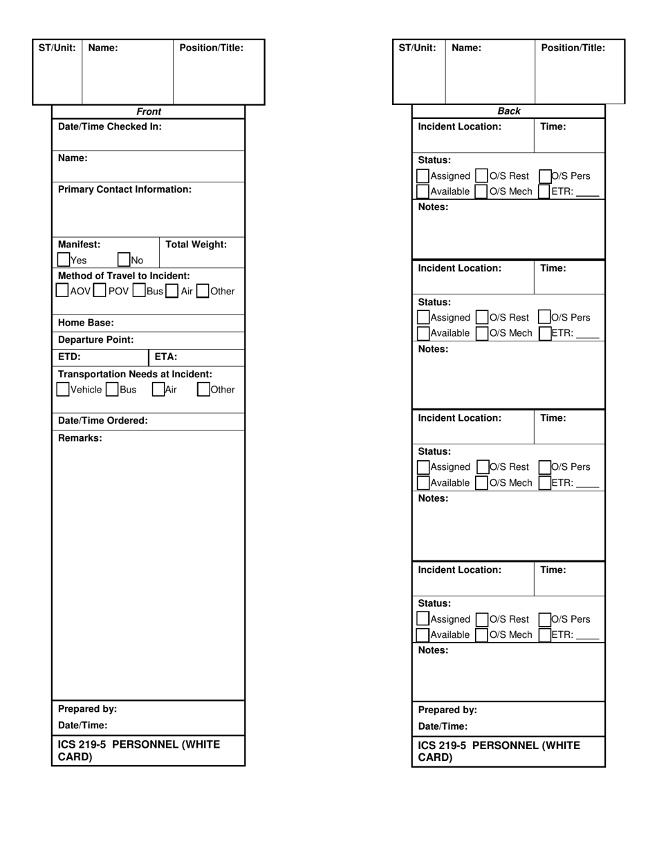 ICS Form 219-5 Personnel Card (White), Page 1
