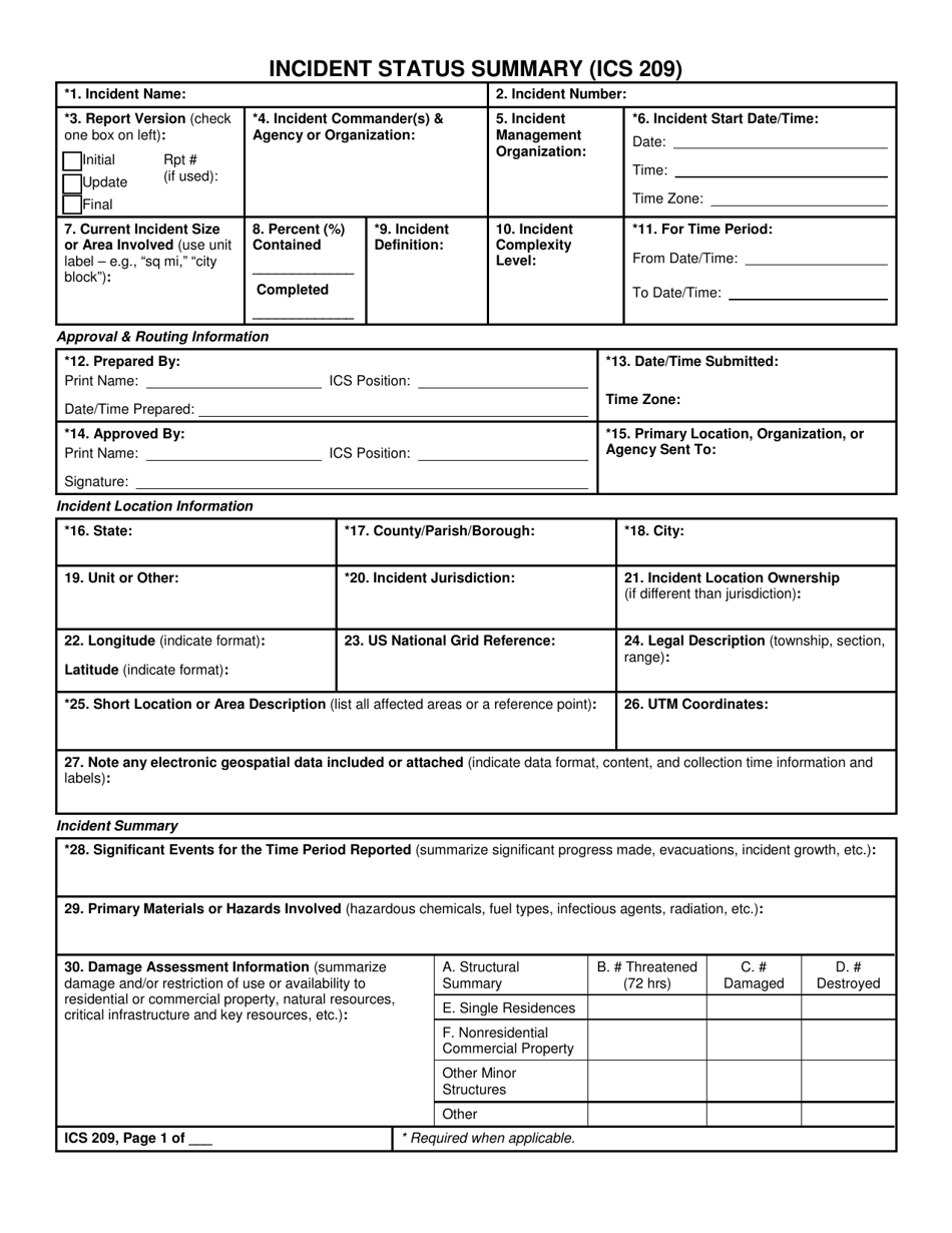 ICS Form 209 Incident Status Summary, Page 1