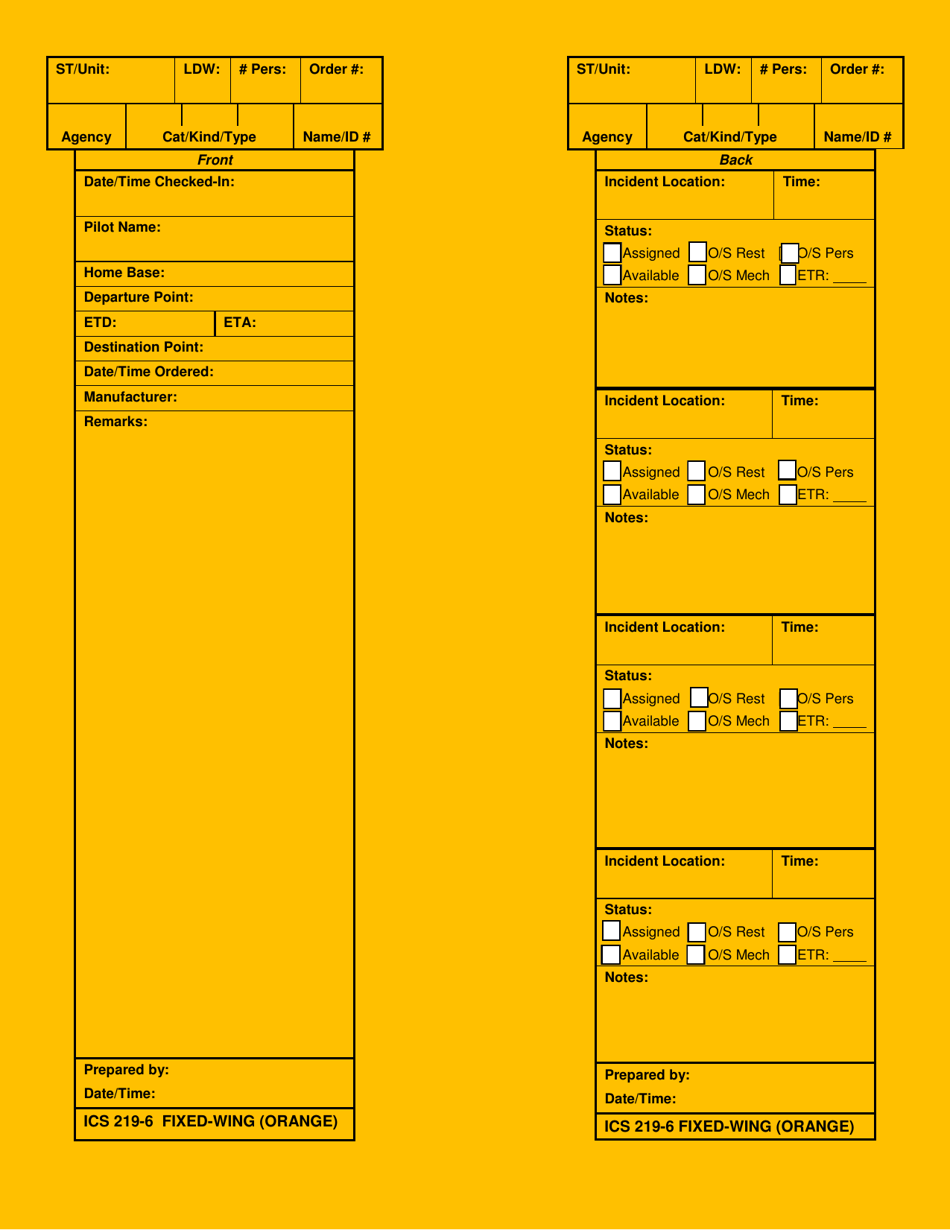 ICS Form 219-6 Fixed-Wing Card (Orange), Page 1
