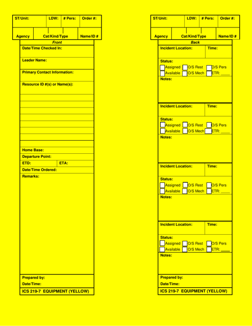 ICS Form 219-7 Equipment Card (Yellow)