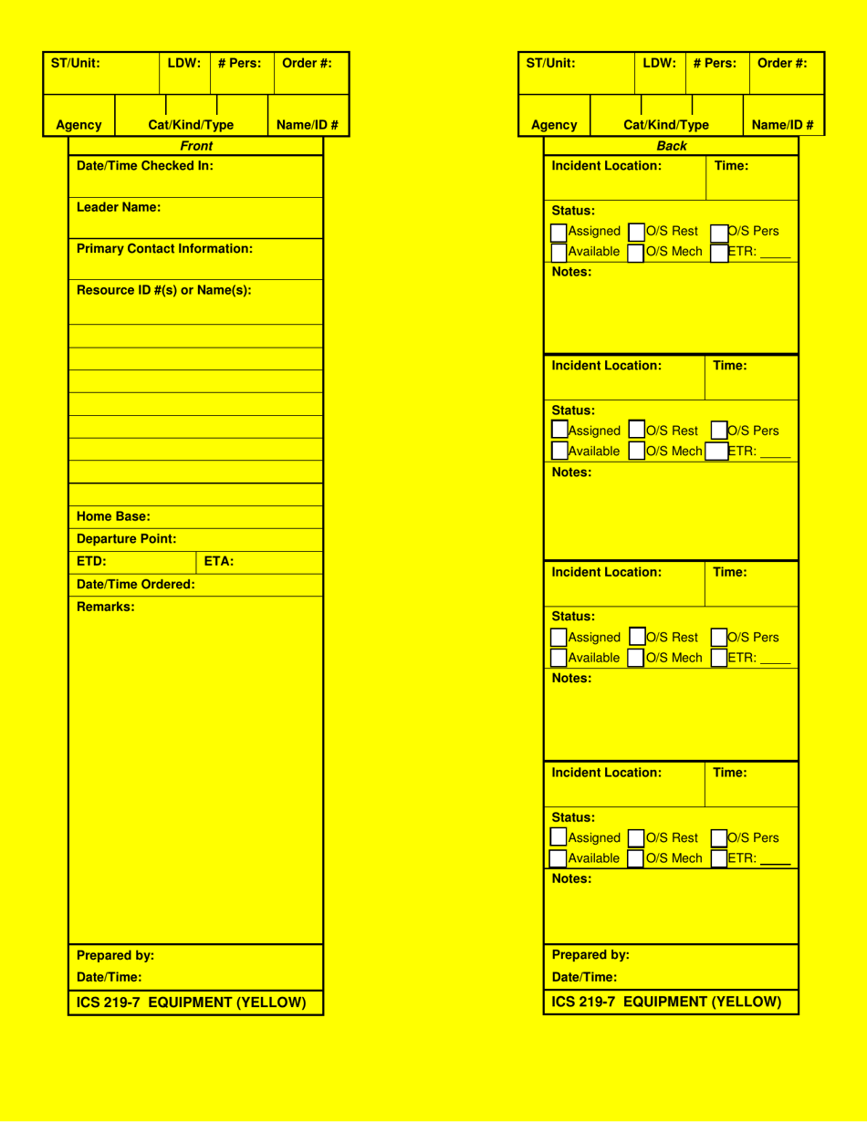ICS Form 219-7 Equipment Card (Yellow), Page 1