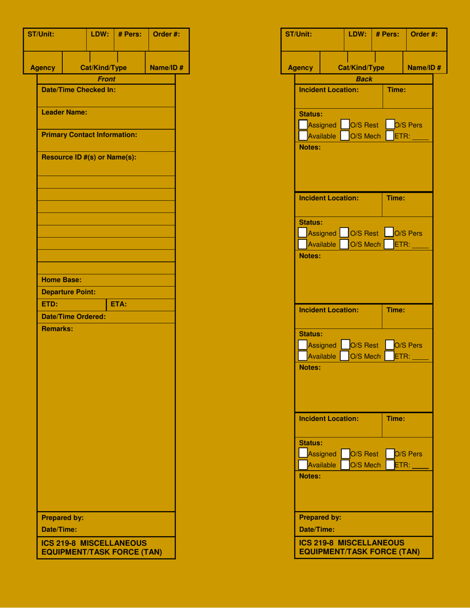 ICS Form 219-8 Miscellaneous Equipment / Task Force Card (Tan), Page 1