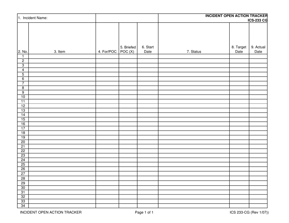 ICS Form 233-CG Incident Open Action Tracker, Page 1