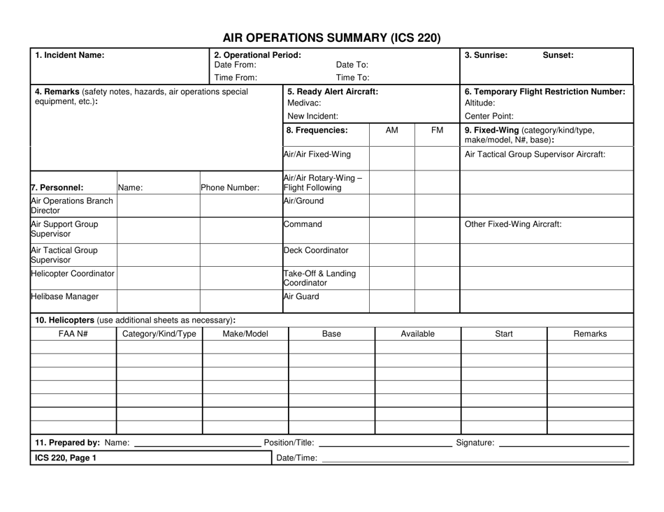 ICS Form 220 Air Operations Summary, Page 1