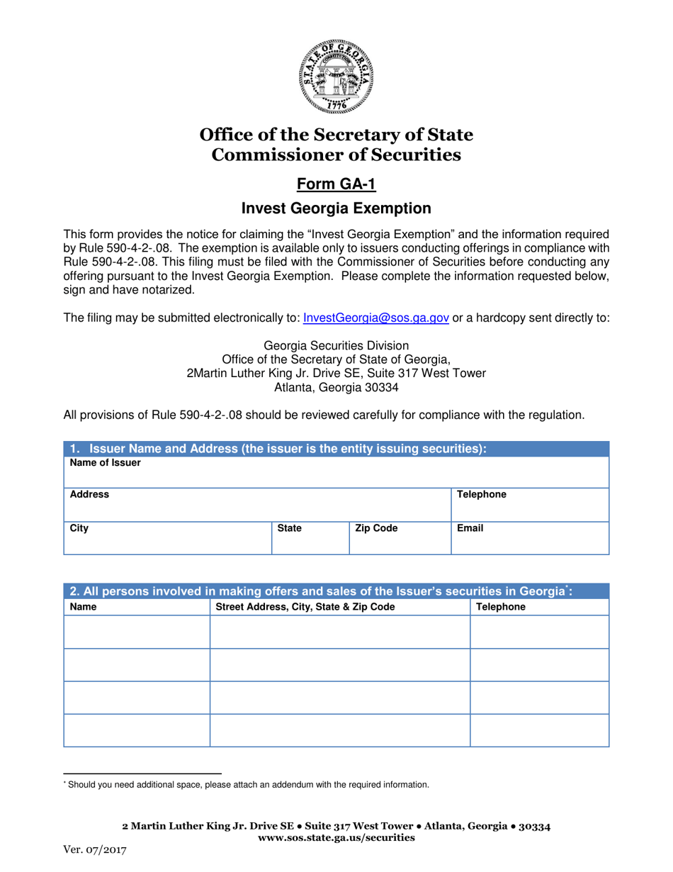 Form GA-1 Invest Georgia Exemption - Georgia (United States), Page 1