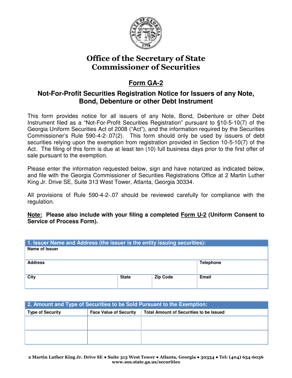 Form GA-2 Not-For-Profit Securities Registration Notice for Issuers of Any Note, Bond, Debenture or Other Debt Instrument - Georgia (United States), Page 1