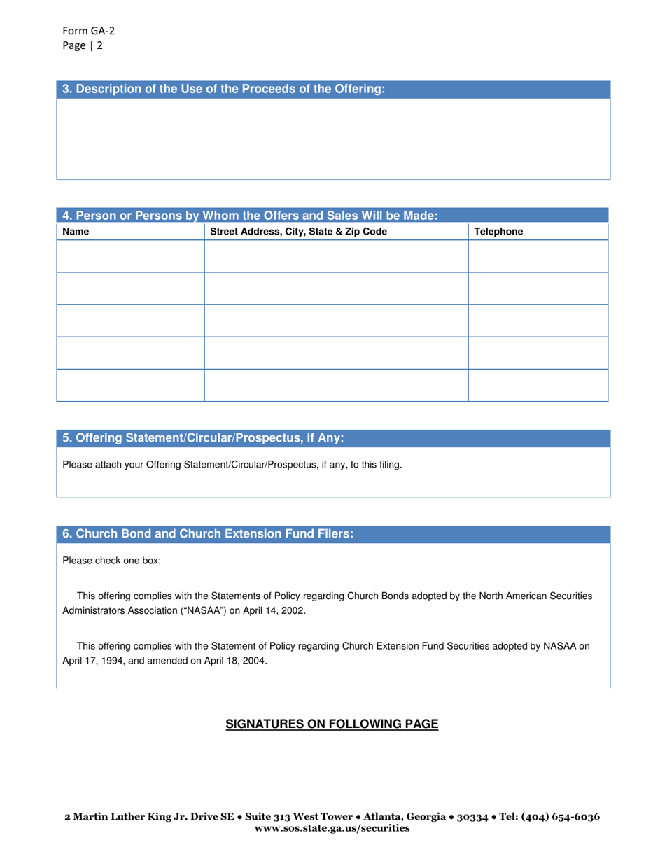 Form GA-2 Not-For-Profit Securities Registration Notice for Issuers of Any Note, Bond, Debenture or Other Debt Instrument - Georgia (United States), Page 2