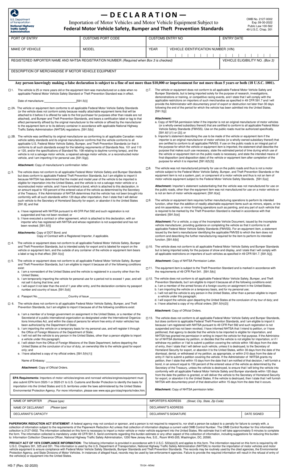 Form HS7 Download Printable PDF or Fill Online Declaration of