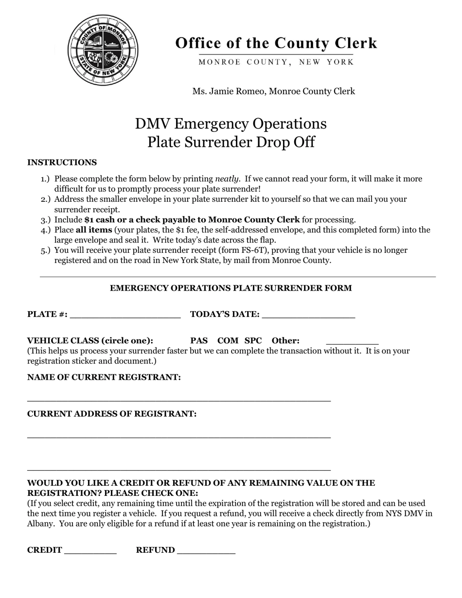 Monroe County, New York Plate Surrender Drop off Fill Out, Sign