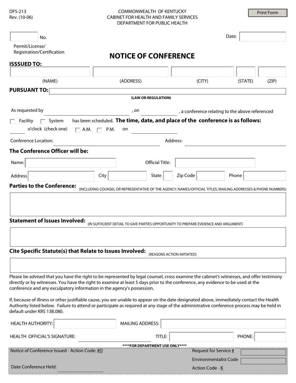 Form DFS-213 Notice of Conference - Kentucky, Page 1