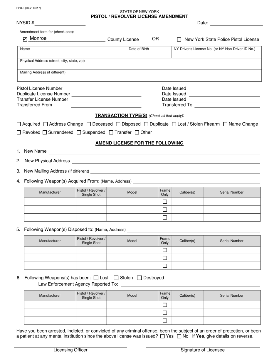 Form PPB-5 Pistol / Revolver License Amendment - New York, Page 1