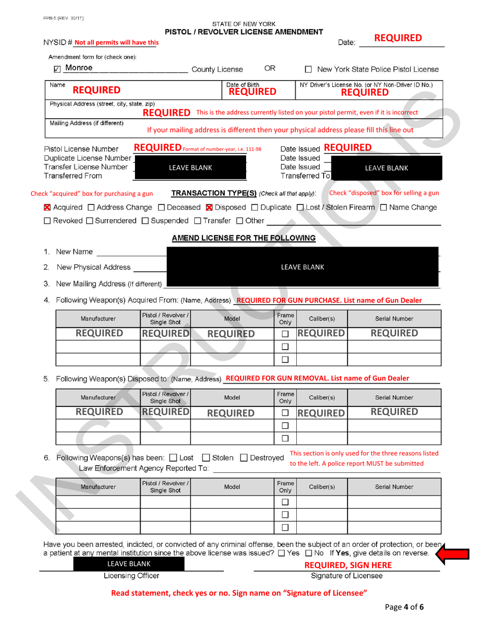 Form PPB-5 Pistol / Revolver License Amendment - Monroe County, New York, Page 4