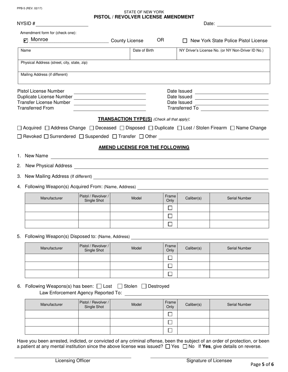 Form PPB-5 Pistol / Revolver License Amendment - Monroe County, New York, Page 5