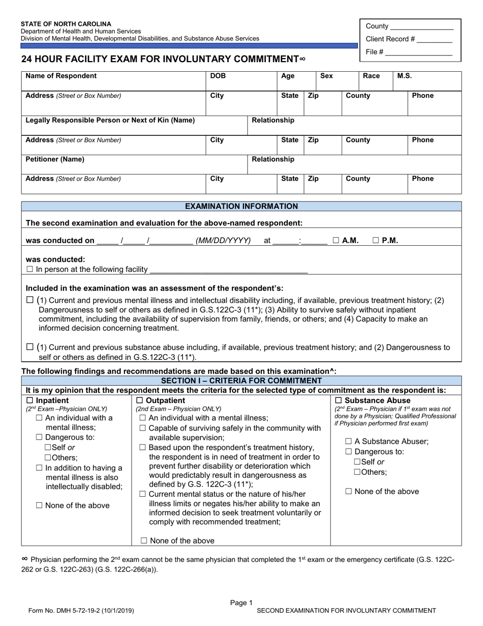 Form DMH5-72-19-2 24 Hour Facility Exam for Involuntary Commitment - North Carolina, Page 1