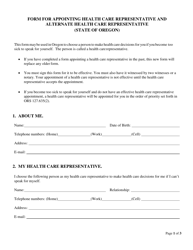Form for Appointing Health Care Representative and Alternate Health Care Representative - Oregon