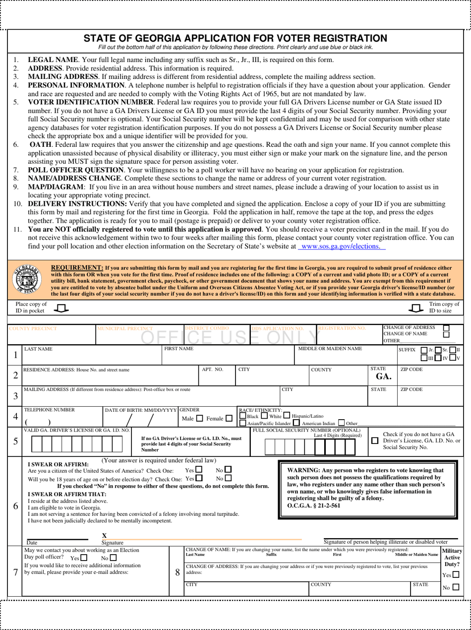 State of Georgia Application for Voter Registration - Georgia (United States), Page 1
