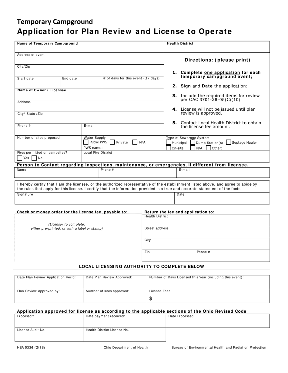 Form HEA5336 Temporary Campground Application for Plan Review and License to Operate - Ohio, Page 1