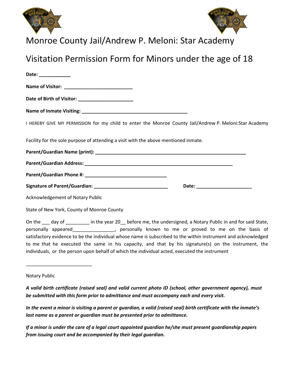 Visitation Permission Form for Minors Under the Age of 18 - Monroe County, New York, Page 1