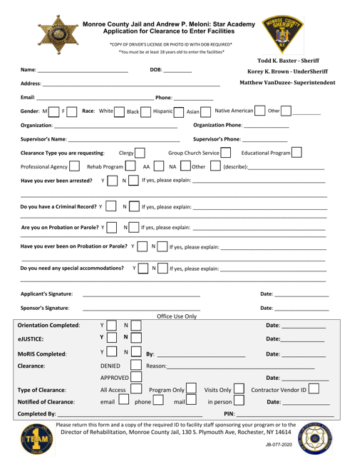 Form JB-077 Application for Clearance to Enter Facilities - Monroe County, New York