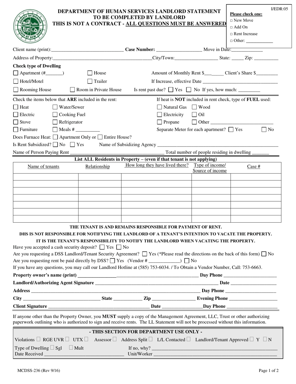 Form MCDSS-236 Landlord Statement - Monroe County, New York, Page 1
