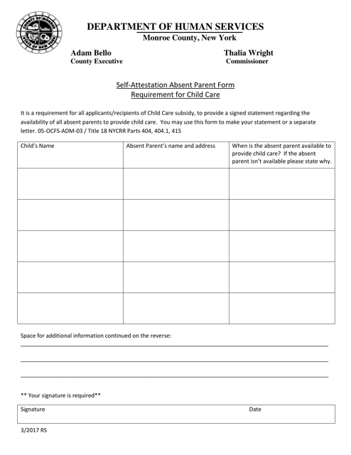 Day Care Absent Parent Form - Monroe County, New York Download Pdf