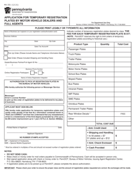 Form MV-351 &quot;Application for Temporary Registration Plates by Motor Vehicle Dealers and Full Agents&quot; - Pennsylvania