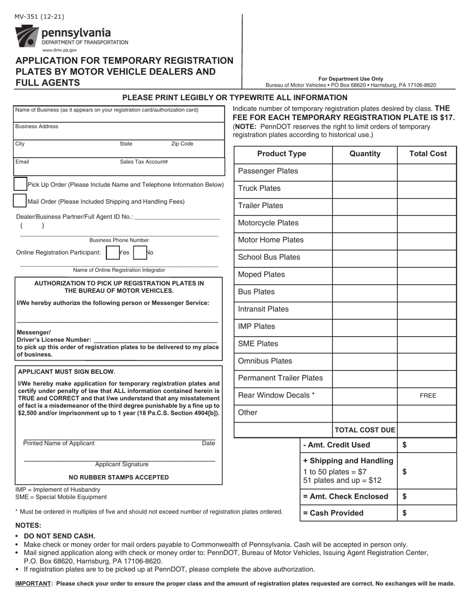 Form MV-351 Application for Temporary Registration Plates by Motor Vehicle Dealers and Full Agents - Pennsylvania, Page 1