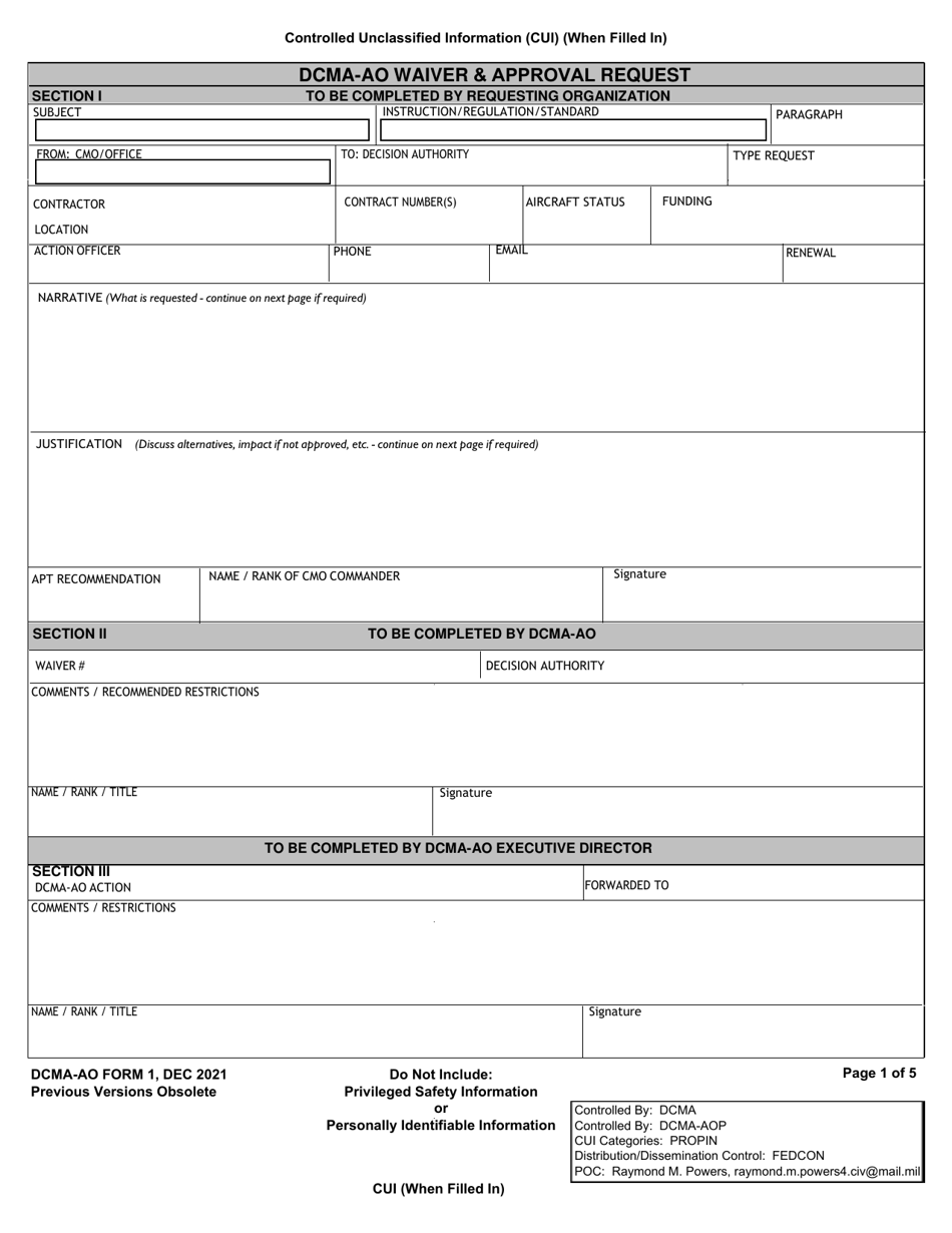 DCMA-AO Form 1 Download Fillable PDF or Fill Online Dcma-Ao Waiver ...