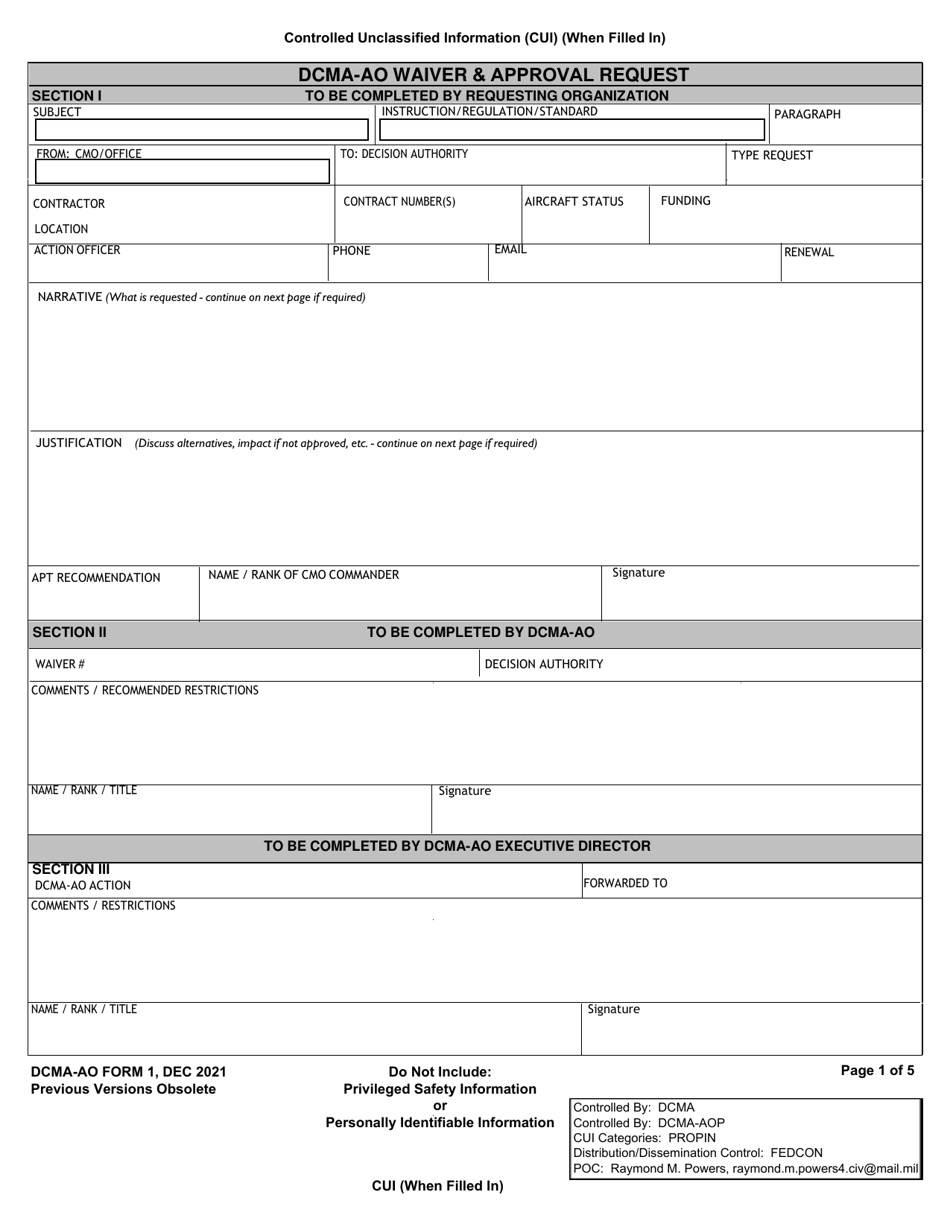 DCMA-AO Form 1 Dcma-Ao Waiver  Approval Request, Page 1
